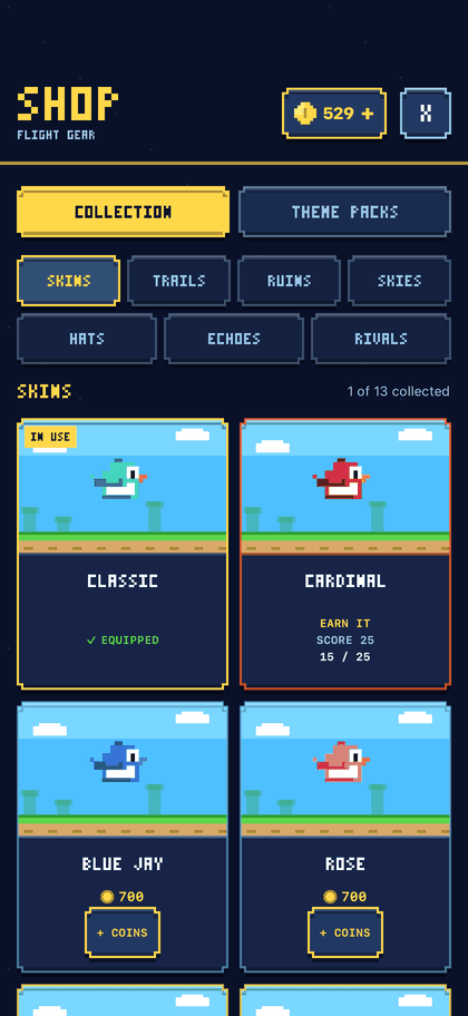 The shop Collection tab showing skin cards: Classic equipped and in use, Cardinal locked behind a score of 25, and Blue Jay and Rose priced at 700 coins each, with category buttons for skins, trails, ruins, skies, hats, echoes, and rivals above.