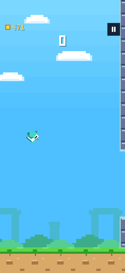 A run in progress: the pixel bird drops toward the middle of a blue sky with a narrow white opening ahead of it, stone ruins rising from the grass below and a tall column running down the right edge.