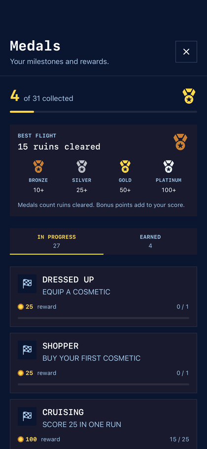 The Medals screen: 4 of 31 collected, a best flight of 15 ruins cleared with bronze, silver, gold, and platinum tiers at 10, 25, 50, and 100, and achievements in progress including Dressed Up, Shopper, and Cruising with their coin rewards.