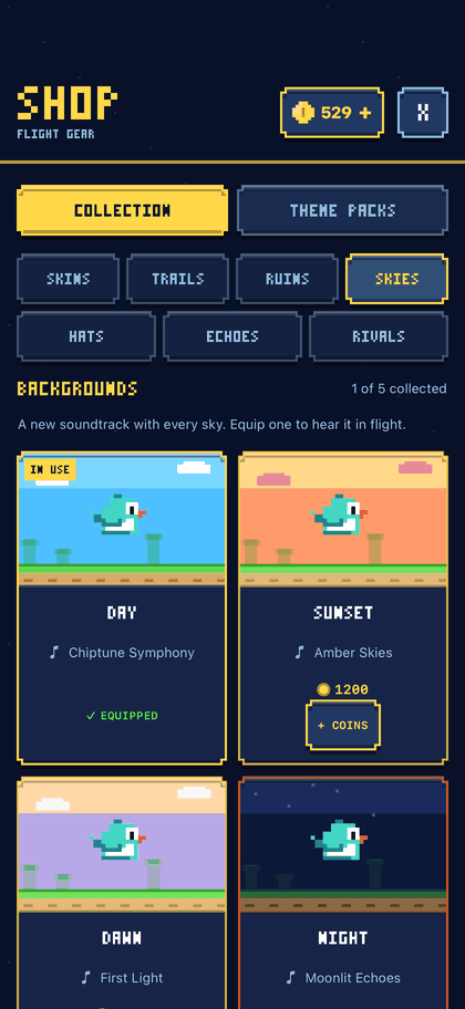 The Skies category of the shop, headed backgrounds with the line a new soundtrack with every sky: Day paired with Chiptune Symphony and equipped, Sunset with Amber Skies for 1200 coins, Dawn with First Light, and Night with Moonlit Echoes.