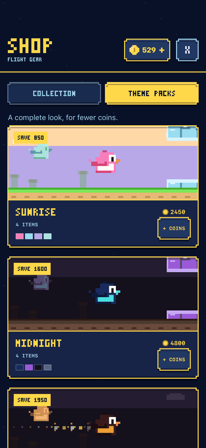 The Theme Packs tab, headed a complete look for fewer coins: the Sunrise pack of four items at 2450 coins saving 850, and the Midnight pack of four items at 4800 coins saving 1600, each with a preview of the bird flying in that theme.