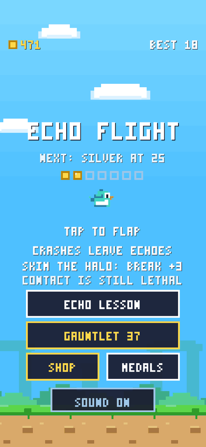 The Echo Flight title screen over a blue pixel sky: the game name, a medal progress row reading next silver at 25, the rules tap to flap, crashes leave echoes, skim the halo to break for plus 3, and buttons for Echo Lesson, Gauntlet 37, Shop, Medals, and Sound On.